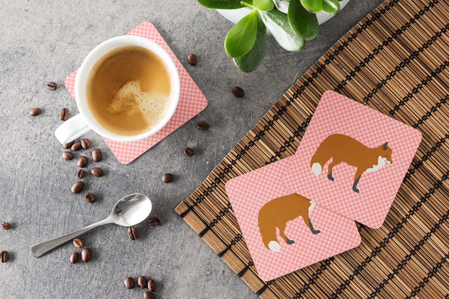 Red Fox Pink Check Foam Coasters Set of 4 Cup Coasters for Indoor Outdoor, Tabletop Protection, Anti Slip, Mouse pad Material