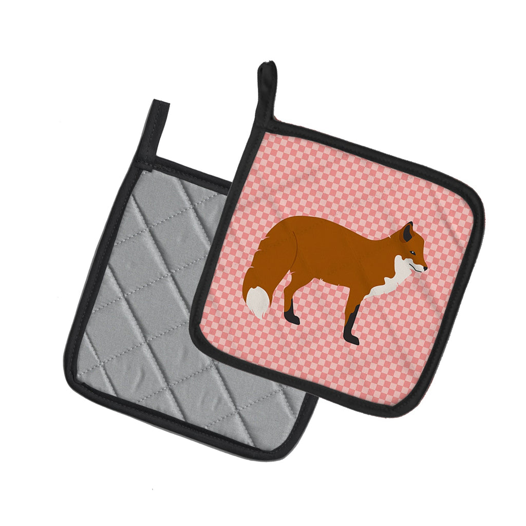 Red Fox Pink Check Pot Holder Set of 2 Heat Resistant Quilted Hot Pads 7.5 x 7.5 Inch, Insulated Kitchen Trivets for Cooking & Baking