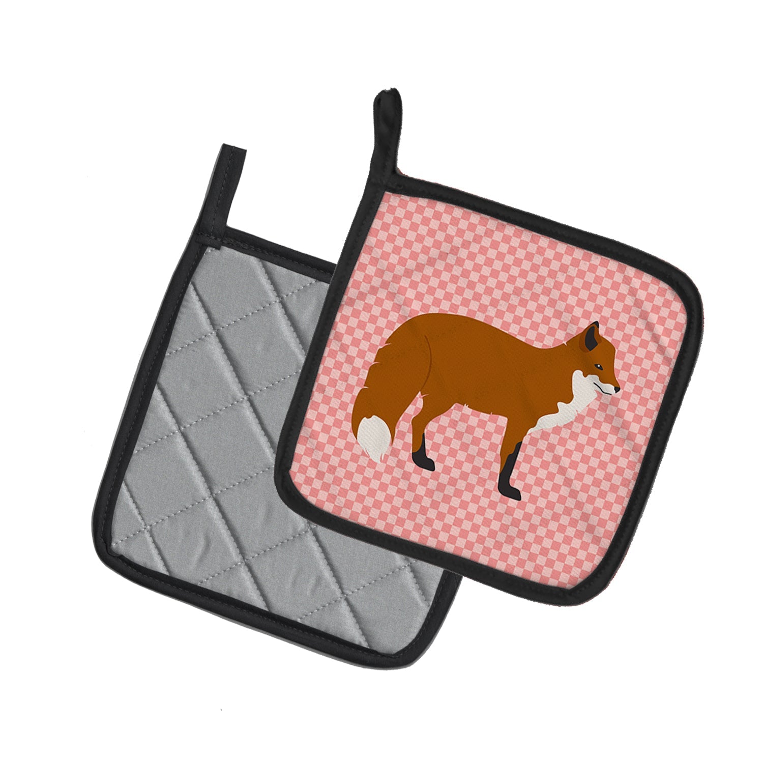 Red Fox Pink Check Pot Holder Set of 2 Heat Resistant Quilted Hot Pads 7.5 x 7.5 Inch, Insulated Kitchen Trivets for Cooking & Baking