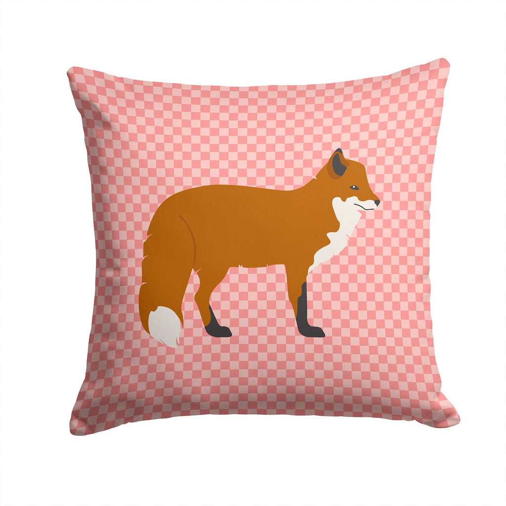 Red Fox Pink Check Decorative Throw Pillow 14x14 Indoor Outdoor Accent Cushion, Fabric Cover with Insert for Sofa, Bed, Porch & Living Room
