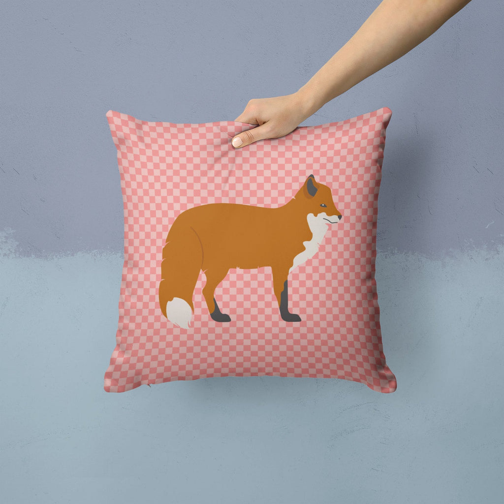 Red Fox Pink Check Decorative Throw Pillow 14x14 Indoor Outdoor Accent Cushion, Fabric Cover with Insert for Sofa, Bed, Porch & Living Room