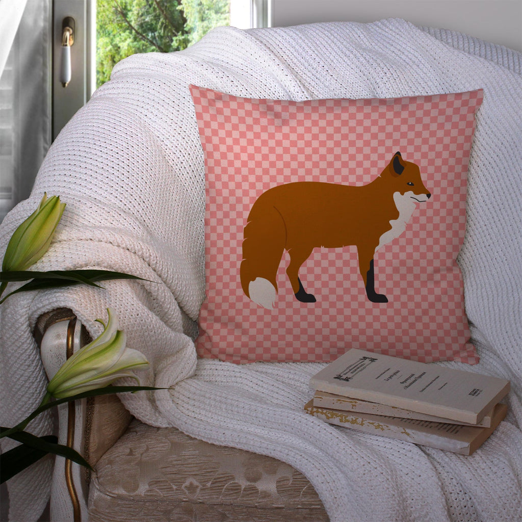 Red Fox Pink Check Decorative Throw Pillow 14x14 Indoor Outdoor Accent Cushion, Fabric Cover with Insert for Sofa, Bed, Porch & Living Room