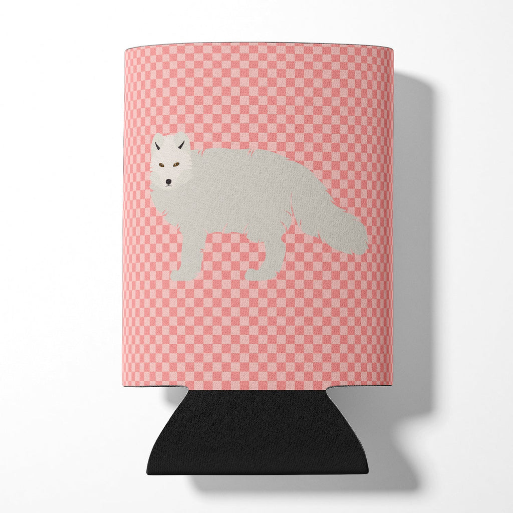 White Arctic Fox Pink Check Can or Bottle Hugger Cooler Sleeve for Standard 12 oz Cans, Insulated Foam Beer & Soda Can Hugger Reusable