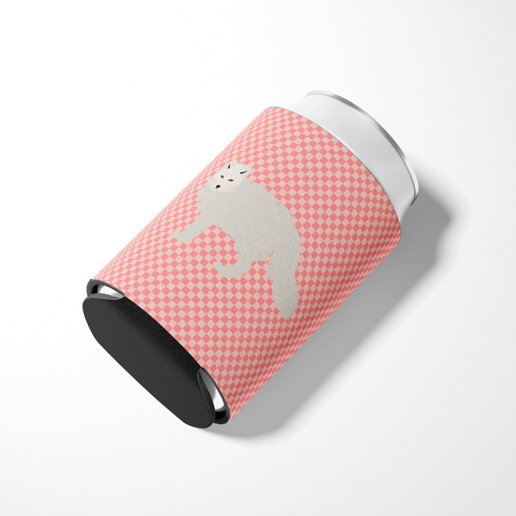 White Arctic Fox Pink Check Can or Bottle Hugger Cooler Sleeve for Standard 12 oz Cans, Insulated Foam Beer & Soda Can Hugger Reusable