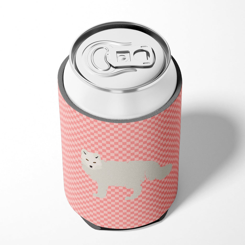 White Arctic Fox Pink Check Can or Bottle Hugger Cooler Sleeve for Standard 12 oz Cans, Insulated Foam Beer & Soda Can Hugger Reusable