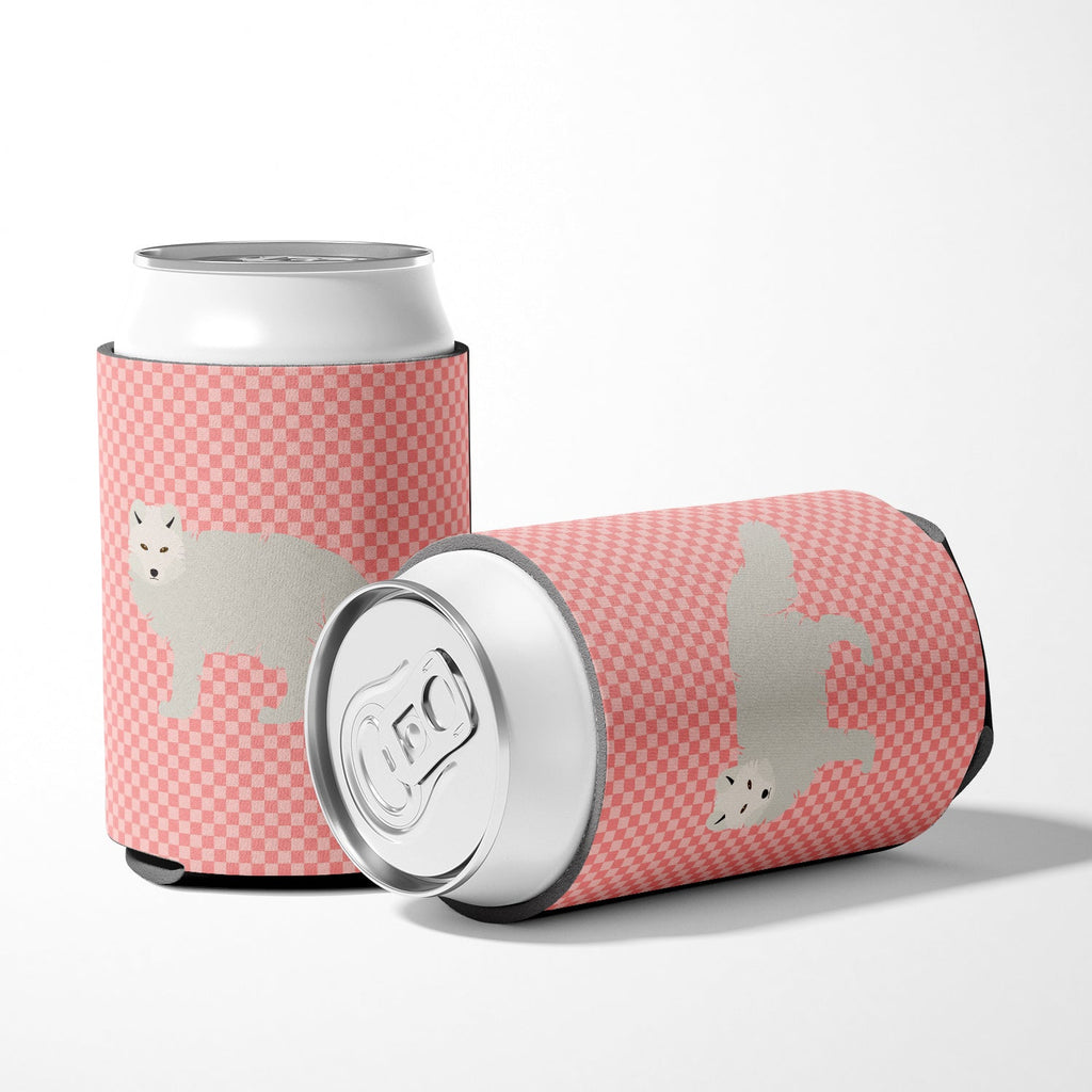 White Arctic Fox Pink Check Can or Bottle Hugger Cooler Sleeve for Standard 12 oz Cans, Insulated Foam Beer & Soda Can Hugger Reusable