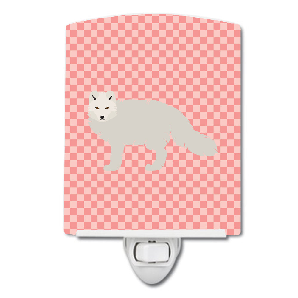White Arctic Fox Pink Check Ceramic Night Light Compact, UL-Certified, Ideal for Bedroom, Bathroom, Nursery, Hallway, Kitchen, 6x4x3, Multicolor