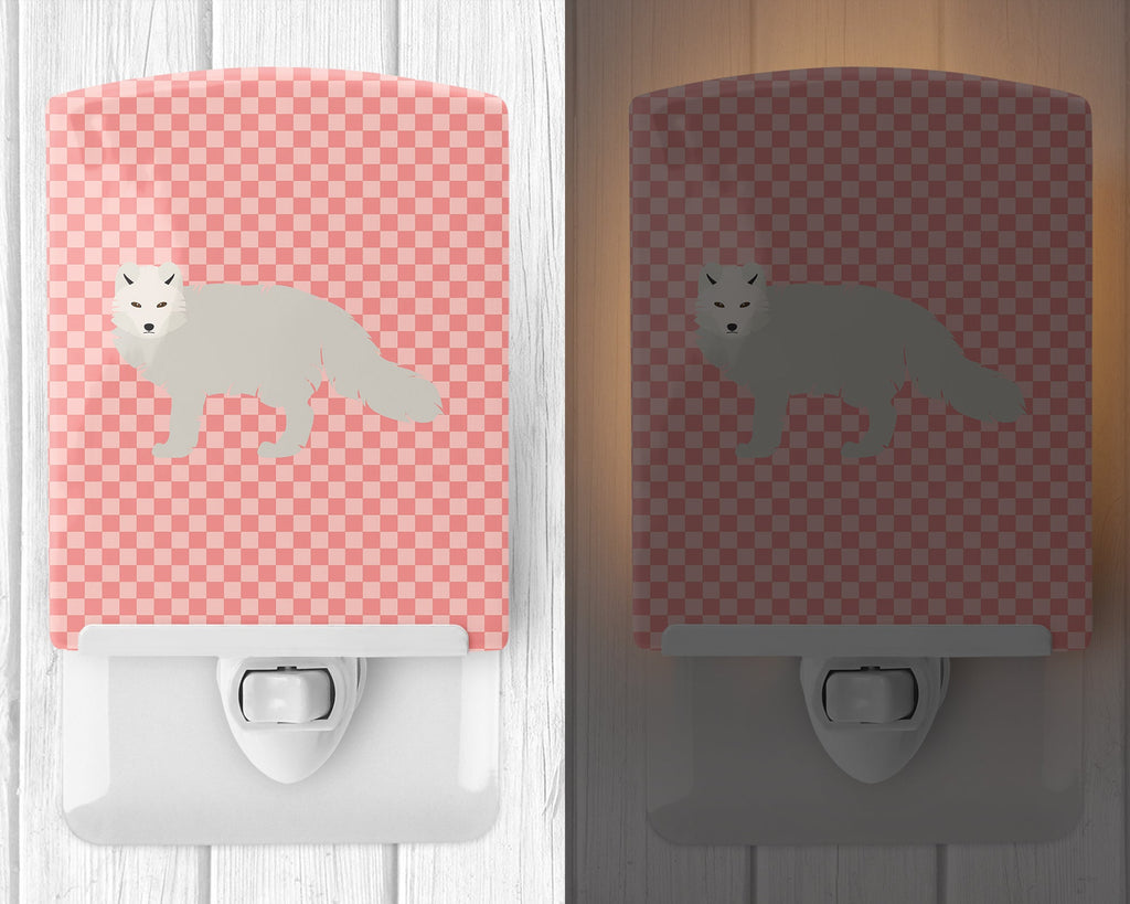White Arctic Fox Pink Check Ceramic Night Light Compact, UL-Certified, Ideal for Bedroom, Bathroom, Nursery, Hallway, Kitchen, 6x4x3, Multicolor