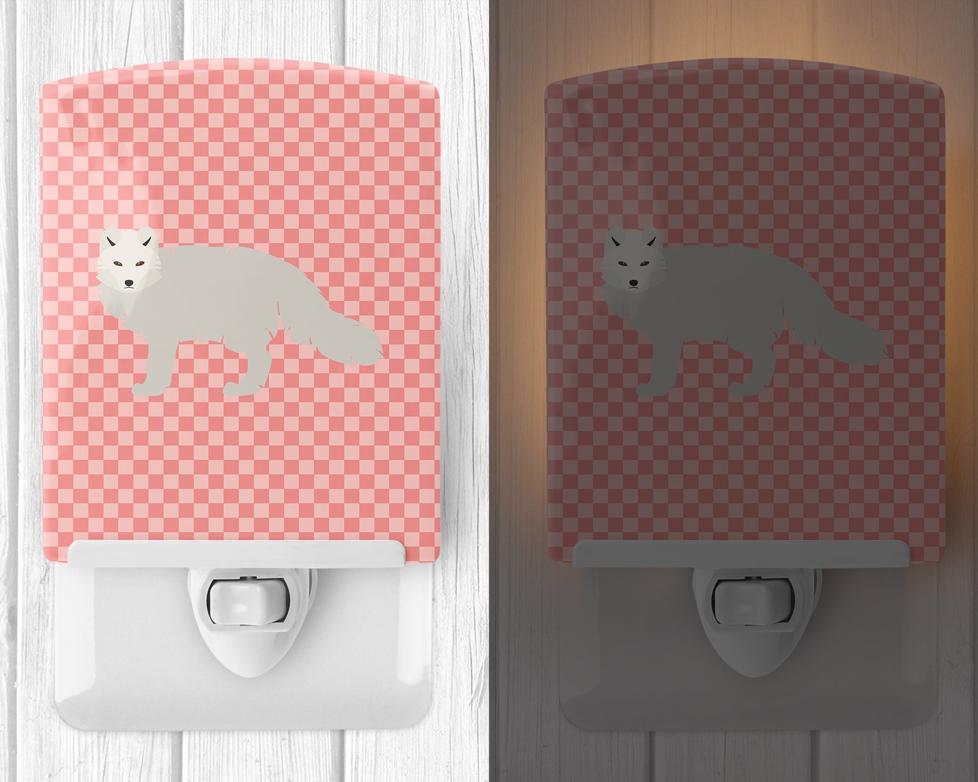 White Arctic Fox Pink Check Ceramic Night Light Compact, UL-Certified, Ideal for Bedroom, Bathroom, Nursery, Hallway, Kitchen, 6x4x3, Multicolor