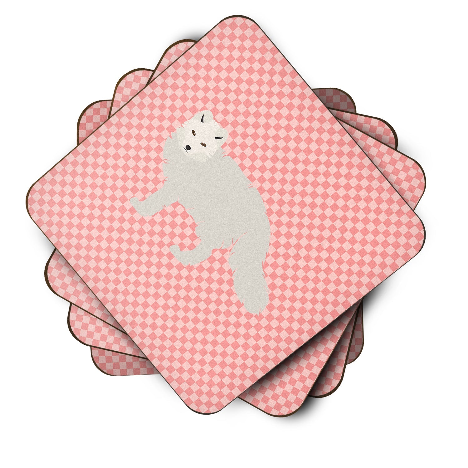 White Arctic Fox Pink Check Foam Coasters Set of 4 Cup Coasters for Indoor Outdoor, Tabletop Protection, Anti Slip, Mouse pad Material