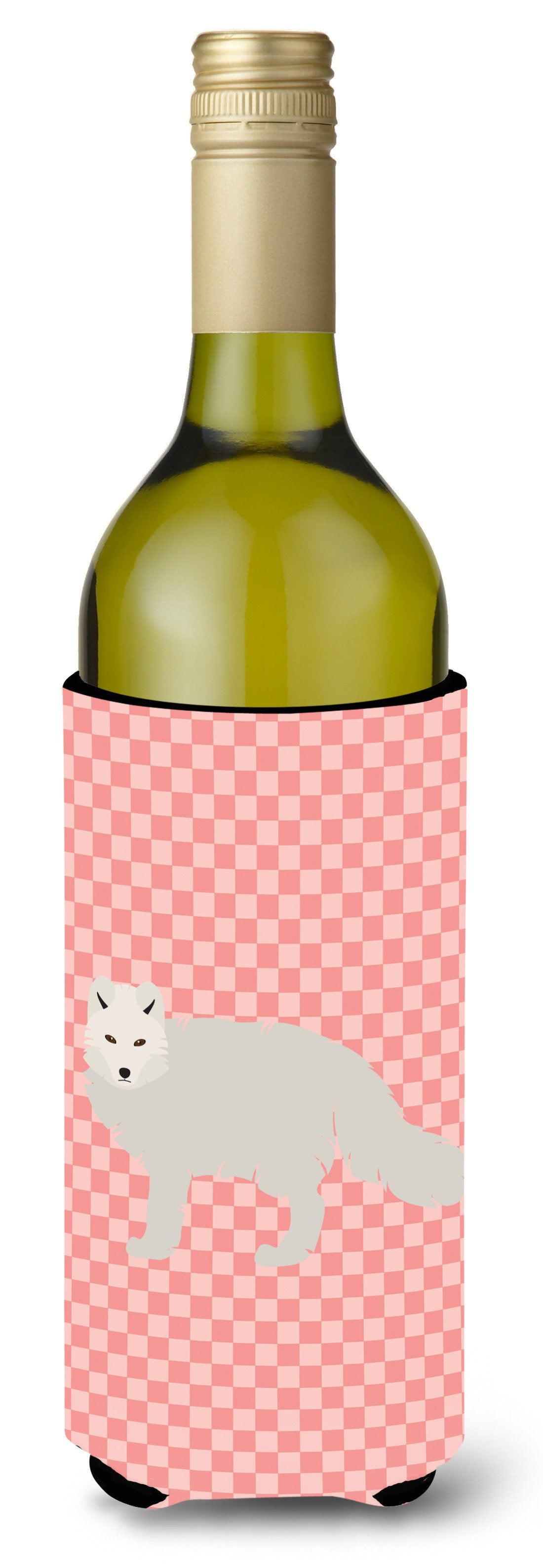 White Arctic Fox Pink Check Wine Bottle Hugger Gift Sleeve for Standard 750 ml Bottles, Insulated Reusable Also Fits Mini Shot & Pint Bottles