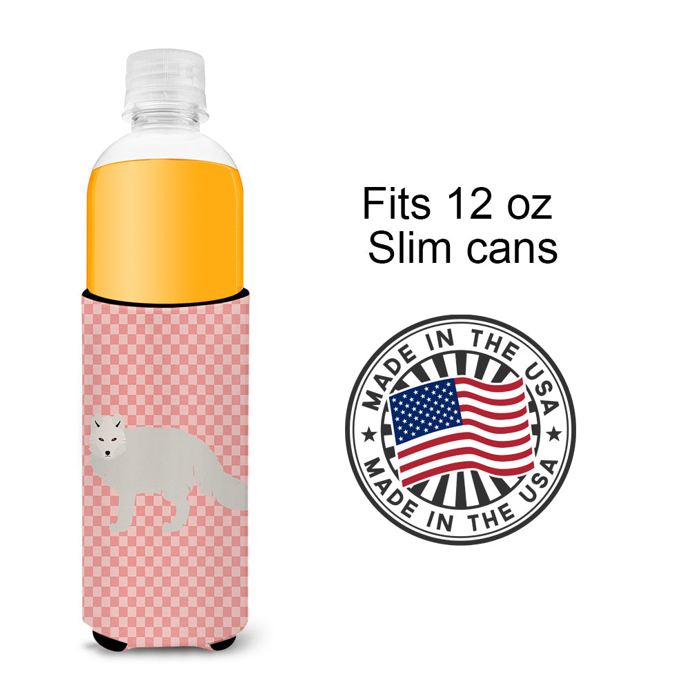 White Arctic Fox Pink Check Slim Can Hugger , Insulated Foam Hugger for 12 oz Slim Cans, Beer Bottles & Water Bottles, Printed in USA