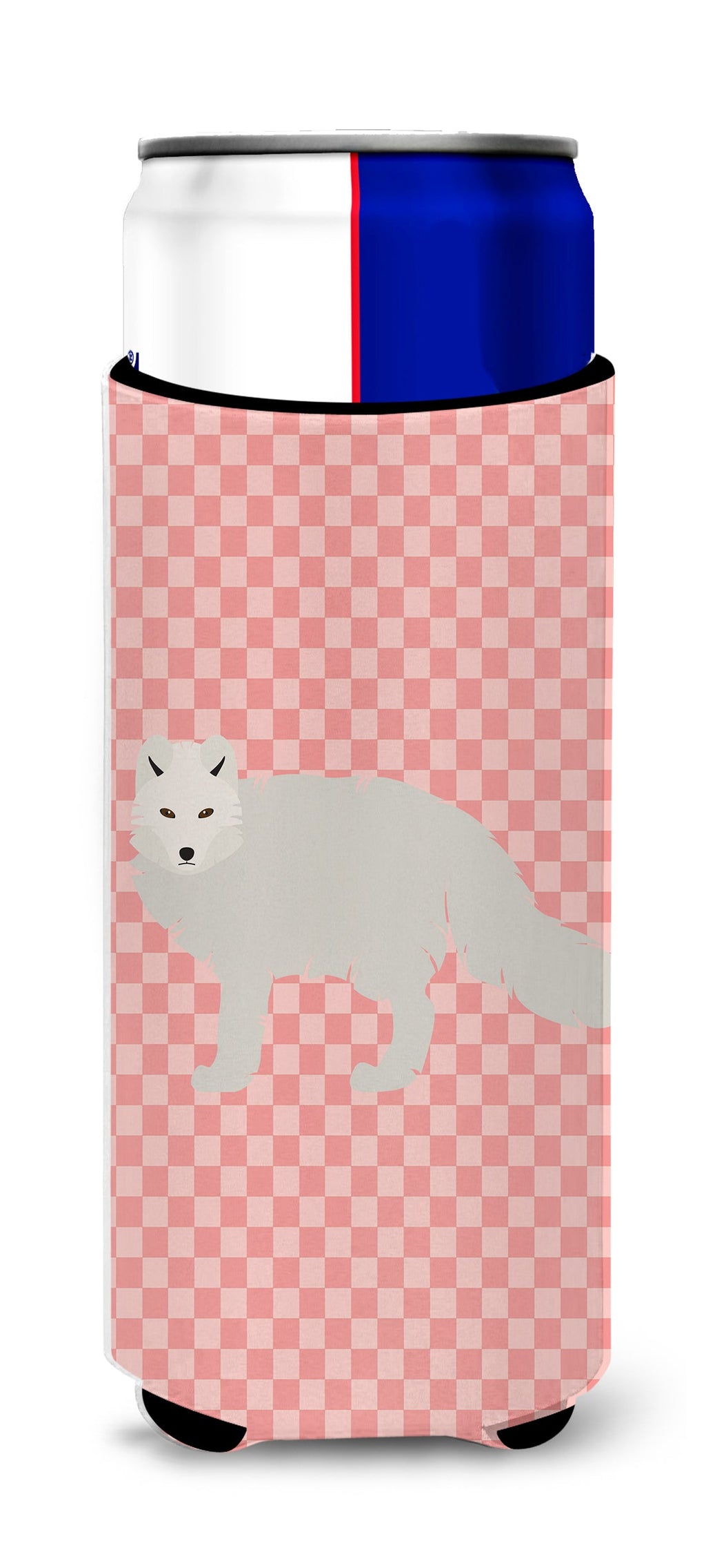 White Arctic Fox Pink Check Slim Can Hugger , Insulated Foam Hugger for 12 oz Slim Cans, Beer Bottles & Water Bottles, Printed in USA