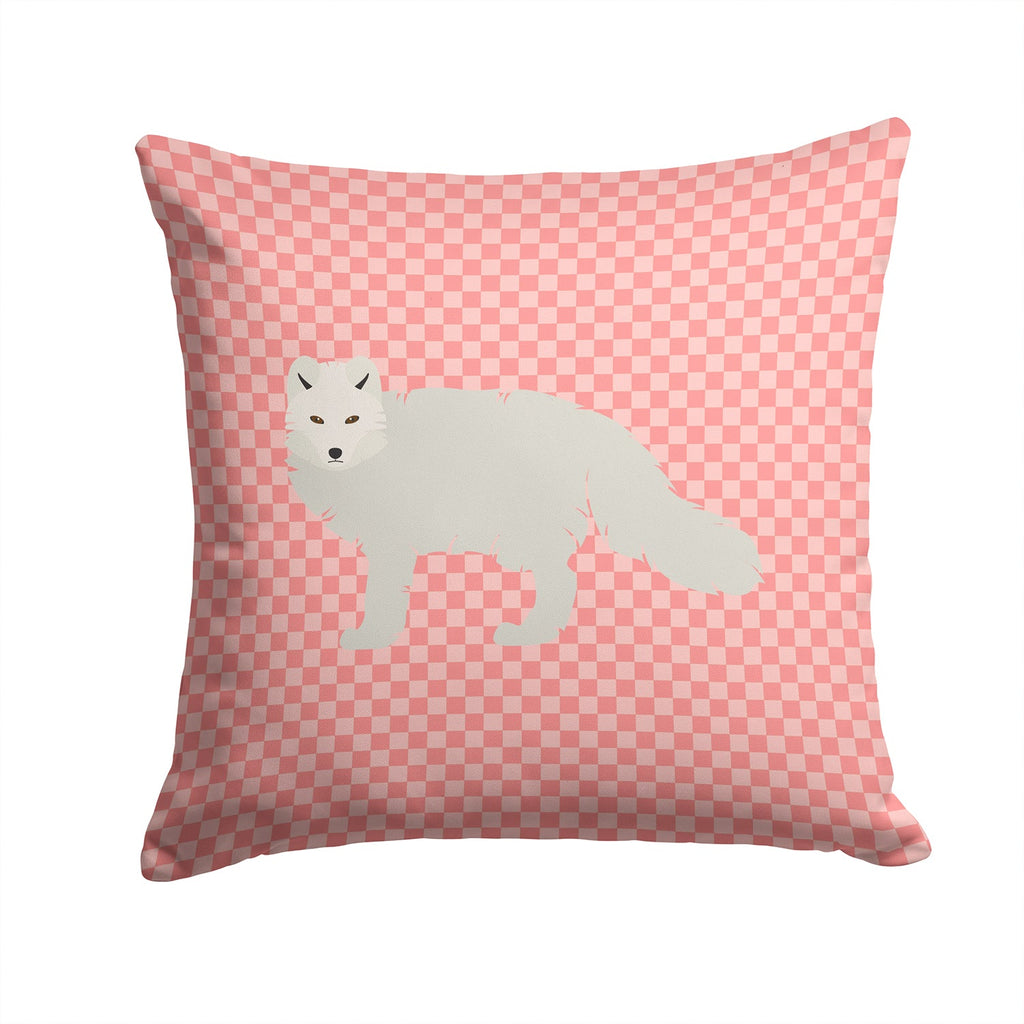 White Arctic Fox Pink Check Decorative Throw Pillow 14x14 Indoor Outdoor Accent Cushion, Fabric Cover with Insert for Sofa, Bed, Porch & Living Room