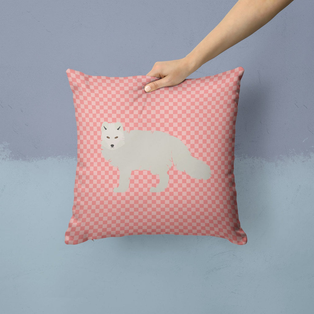 White Arctic Fox Pink Check Decorative Throw Pillow 14x14 Indoor Outdoor Accent Cushion, Fabric Cover with Insert for Sofa, Bed, Porch & Living Room