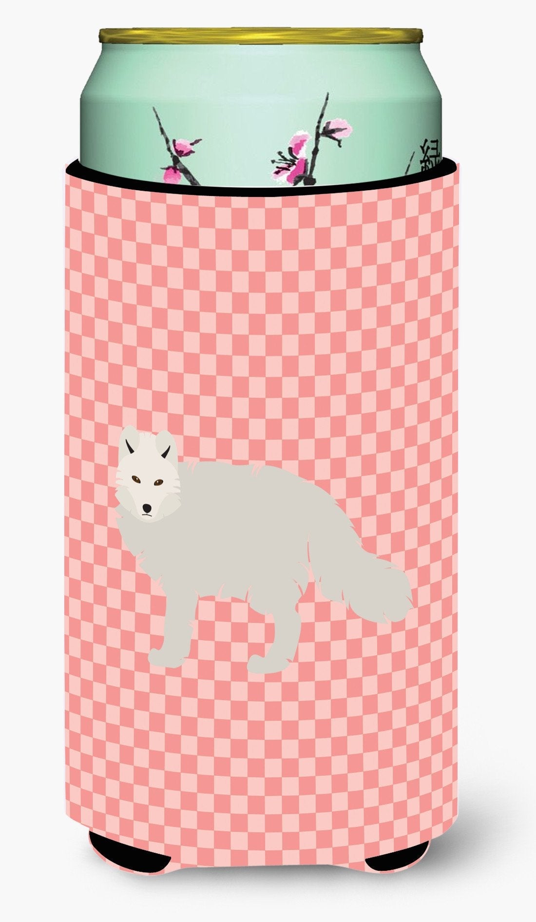 White Arctic Fox Pink Check Tall Boy Hugger Can Cooler Sleeve Machine Washable Drink Collapsible Insulator Beverage Insulated Holder