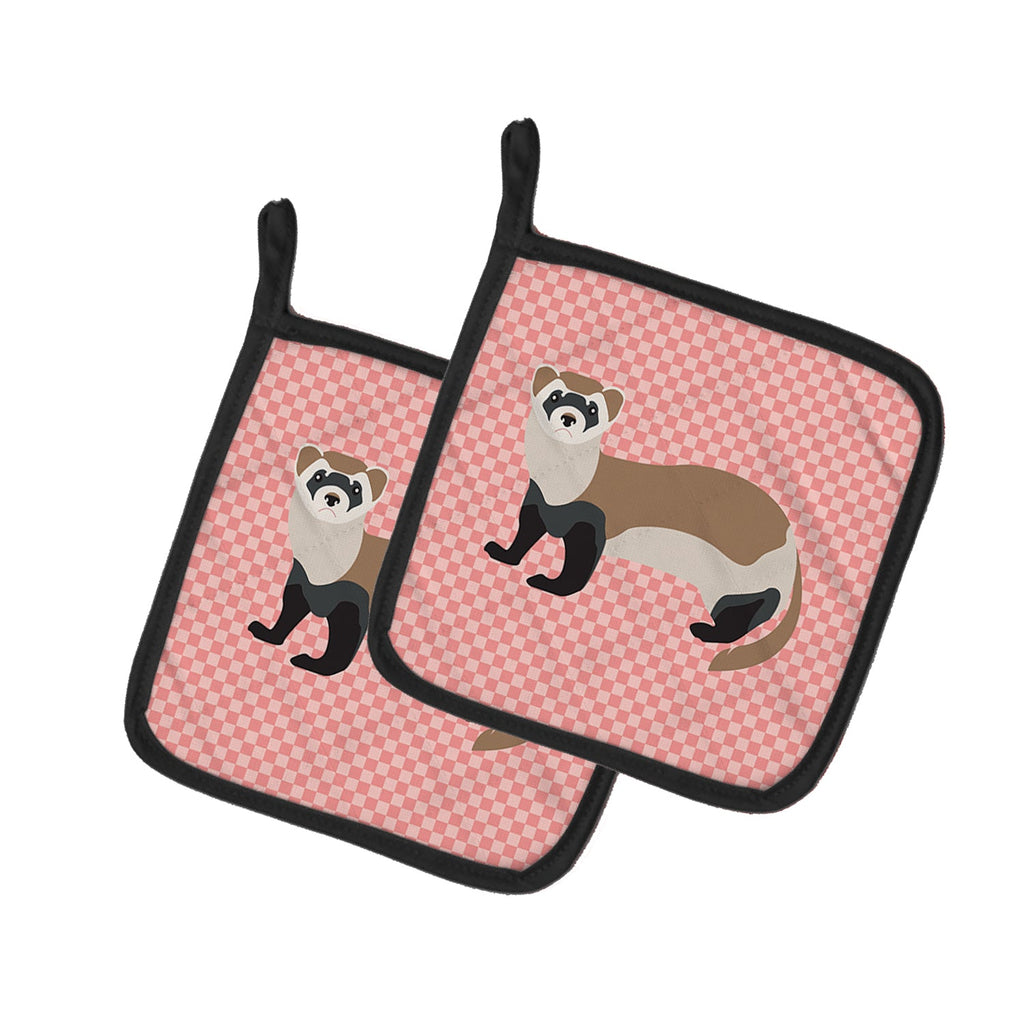 Ferret Pink Check Pot Holder Set of 2 Heat Resistant Quilted Hot Pads 7.5 x 7.5 Inch, Insulated Kitchen Trivets for Cooking & Baking