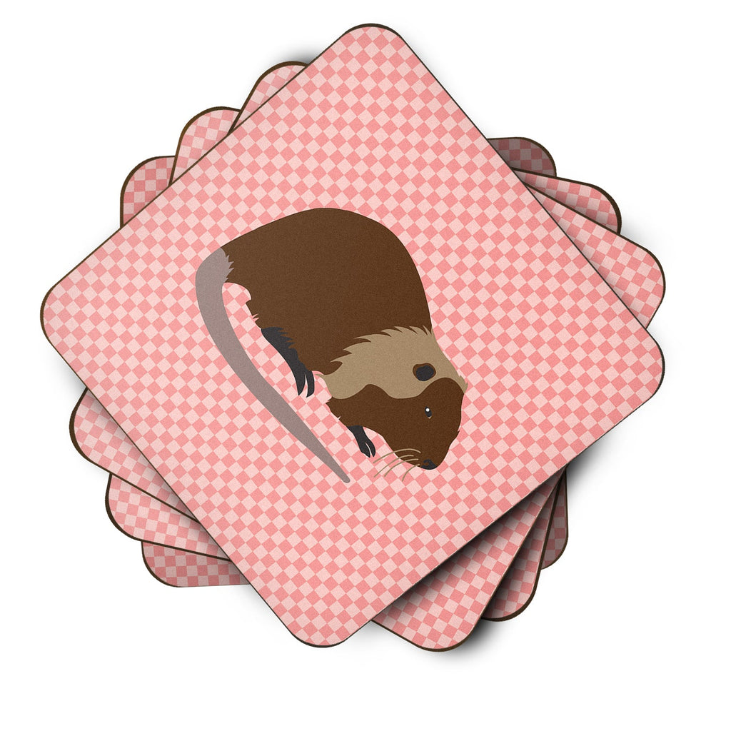 Coypu Nutria River Rat Pink Check Foam Coasters Set of 4 Cup Coasters for Indoor Outdoor, Tabletop Protection, Anti Slip, Mouse pad Material