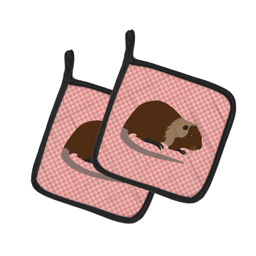 Coypu Nutria River Rat Pink Check Pot Holder Set of 2 Heat Resistant Quilted Hot Pads 7.5 x 7.5 Inch, Insulated Kitchen Trivets for Cooking & Baking
