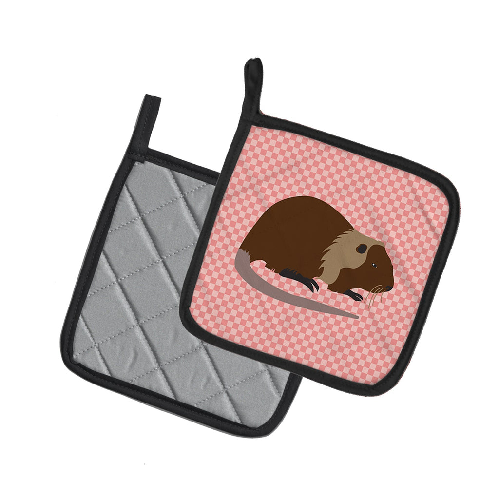 Coypu Nutria River Rat Pink Check Pot Holder Set of 2 Heat Resistant Quilted Hot Pads 7.5 x 7.5 Inch, Insulated Kitchen Trivets for Cooking & Baking