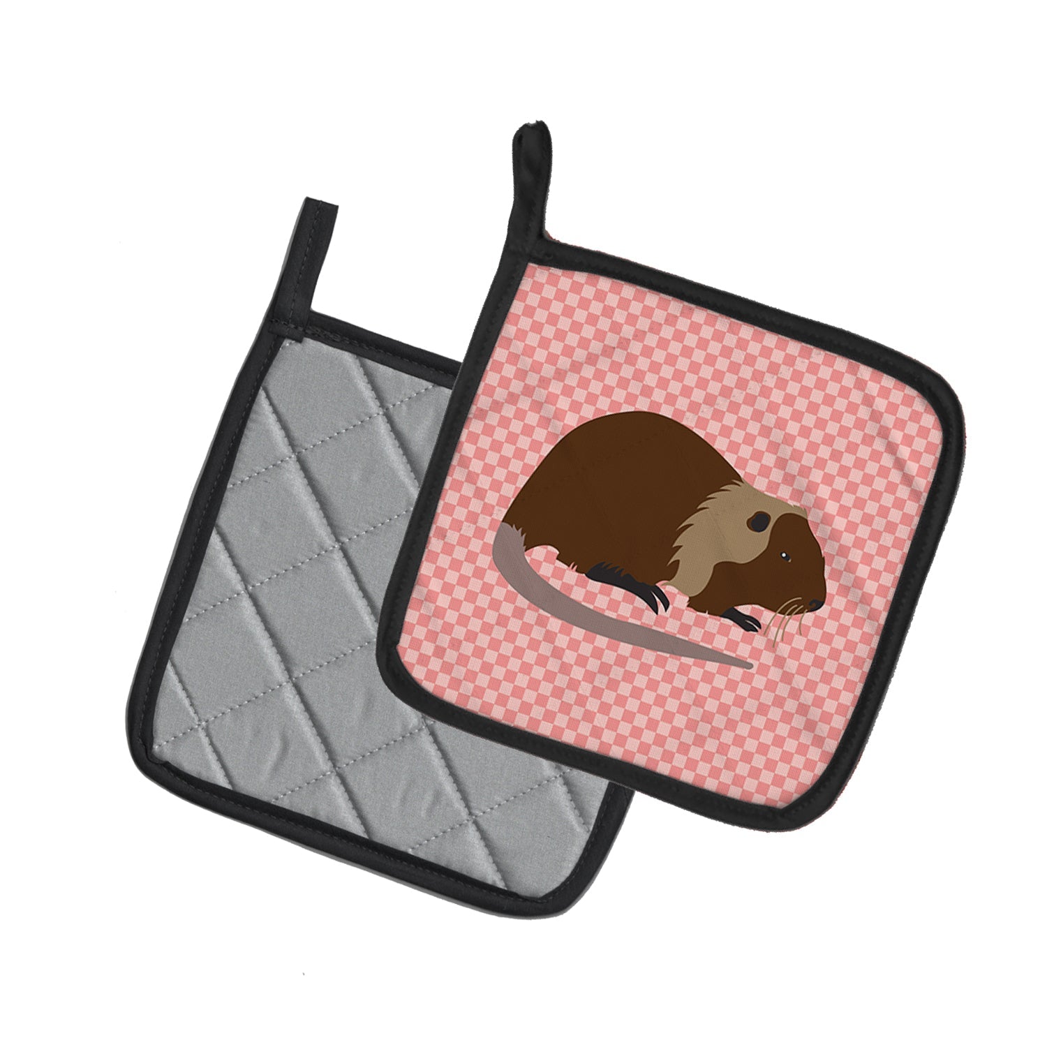 Coypu Nutria River Rat Pink Check Pot Holder Set of 2 Heat Resistant Quilted Hot Pads 7.5 x 7.5 Inch, Insulated Kitchen Trivets for Cooking & Baking