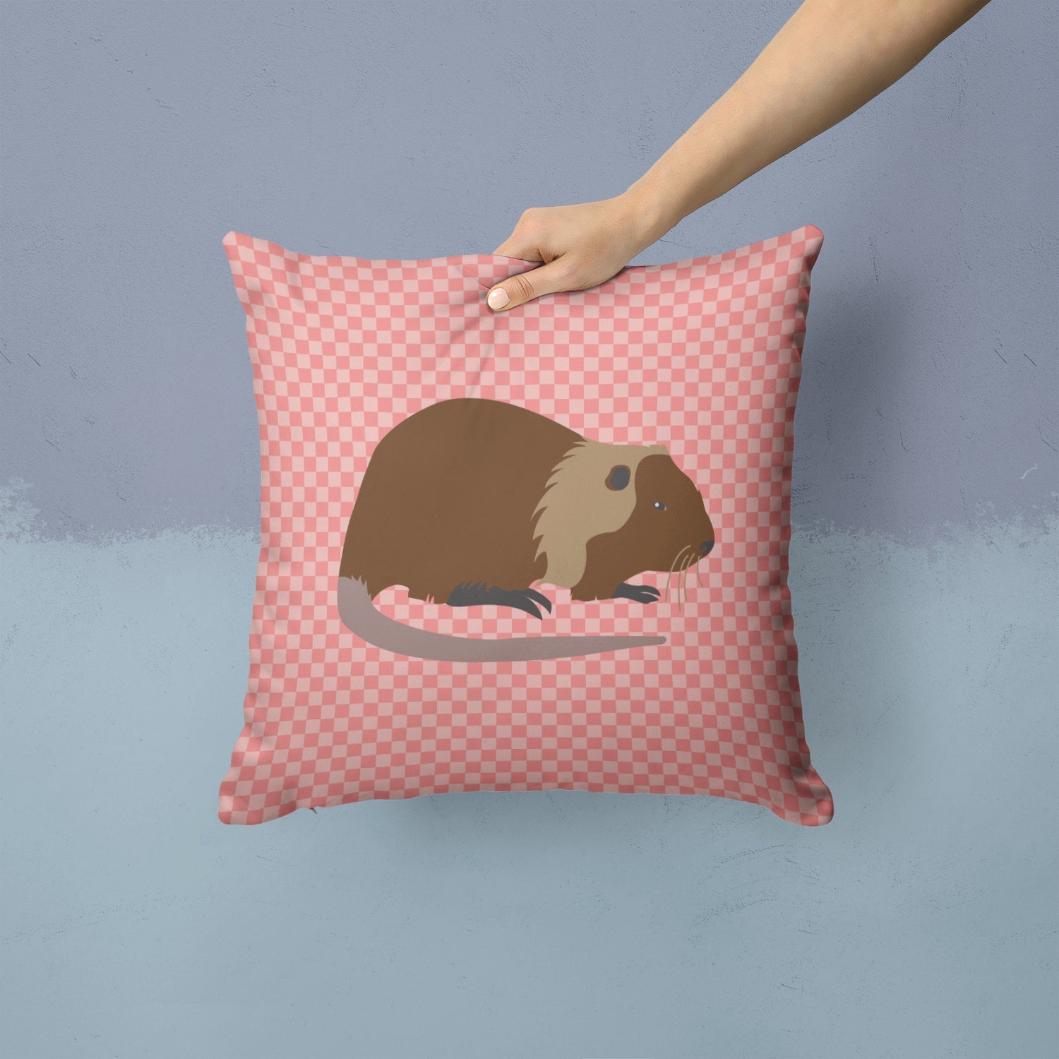Coypu Nutria River Rat Pink Check Decorative Throw Pillow 14x14 Indoor Outdoor Accent Cushion, Fabric Cover with Insert for Sofa, Bed, Porch & Living Room