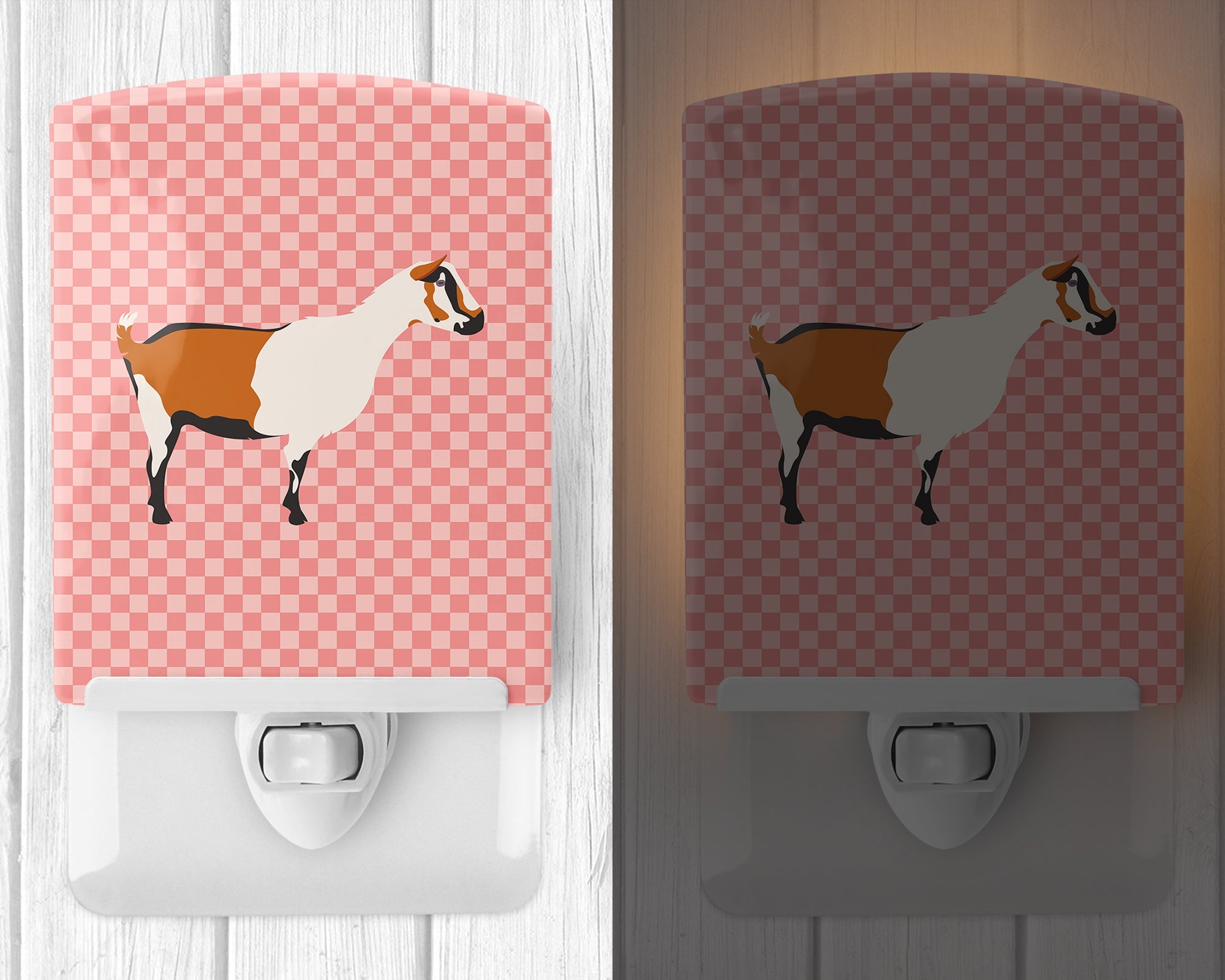 Alpine Goat Pink Check Ceramic Night Light Compact, UL-Certified, Ideal for Bedroom, Bathroom, Nursery, Hallway, Kitchen, 6x4x3, Multicolor