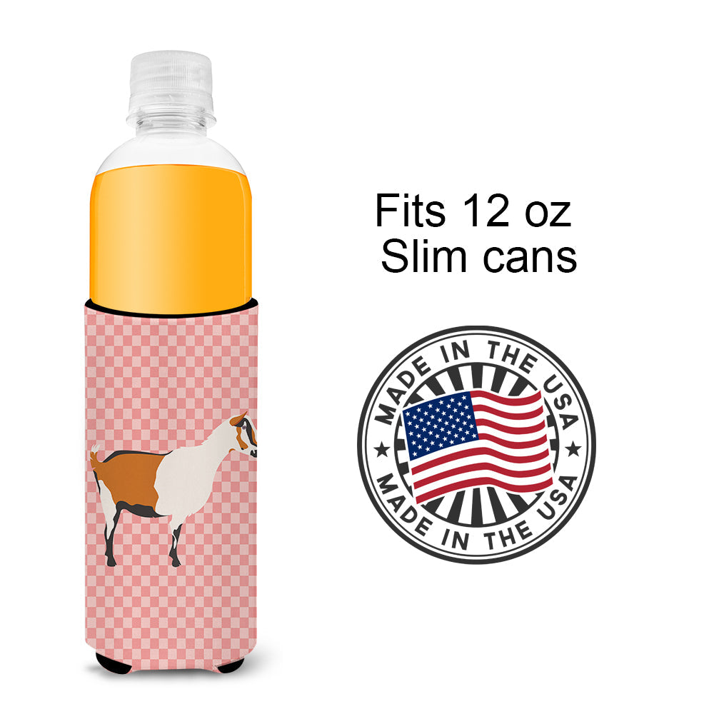 Alpine Goat Pink Check Slim Can Hugger , Insulated Foam Hugger for 12 oz Slim Cans, Beer Bottles & Water Bottles, Printed in USA