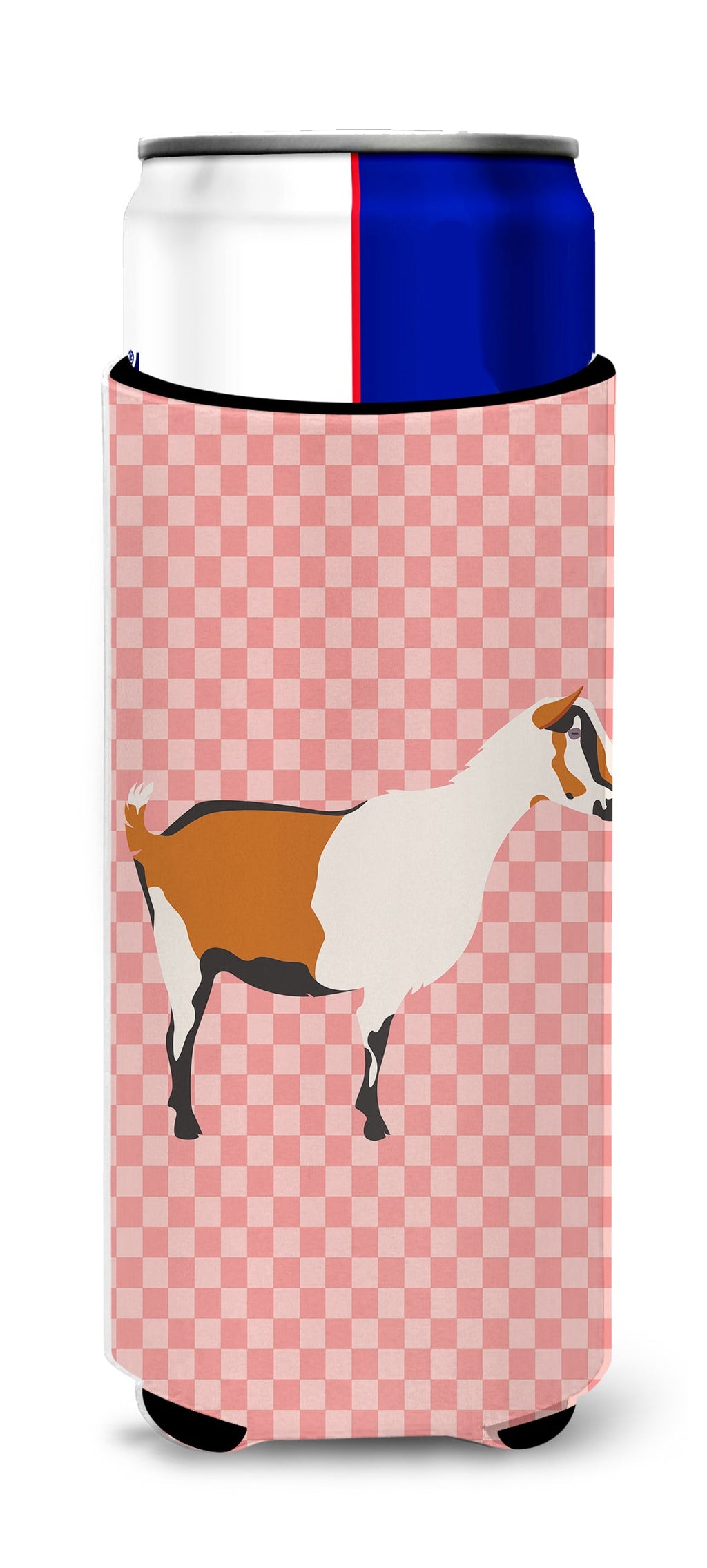Alpine Goat Pink Check Slim Can Hugger , Insulated Foam Hugger for 12 oz Slim Cans, Beer Bottles & Water Bottles, Printed in USA