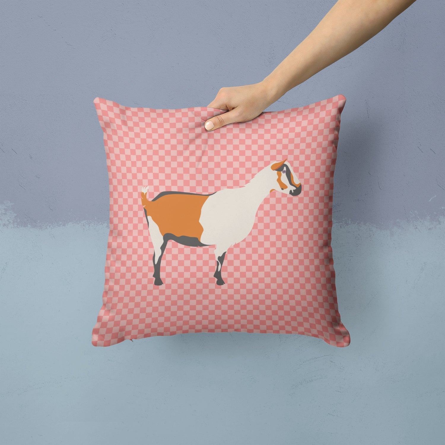 Alpine Goat Pink Check Decorative Throw Pillow 14x14 Indoor Outdoor Accent Cushion, Fabric Cover with Insert for Sofa, Bed, Porch & Living Room