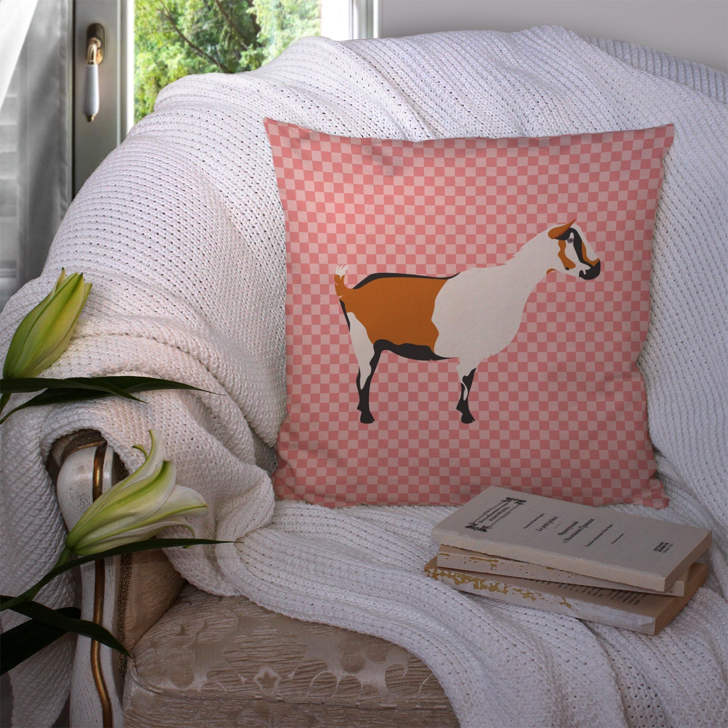 Alpine Goat Pink Check Decorative Throw Pillow 14x14 Indoor Outdoor Accent Cushion, Fabric Cover with Insert for Sofa, Bed, Porch & Living Room