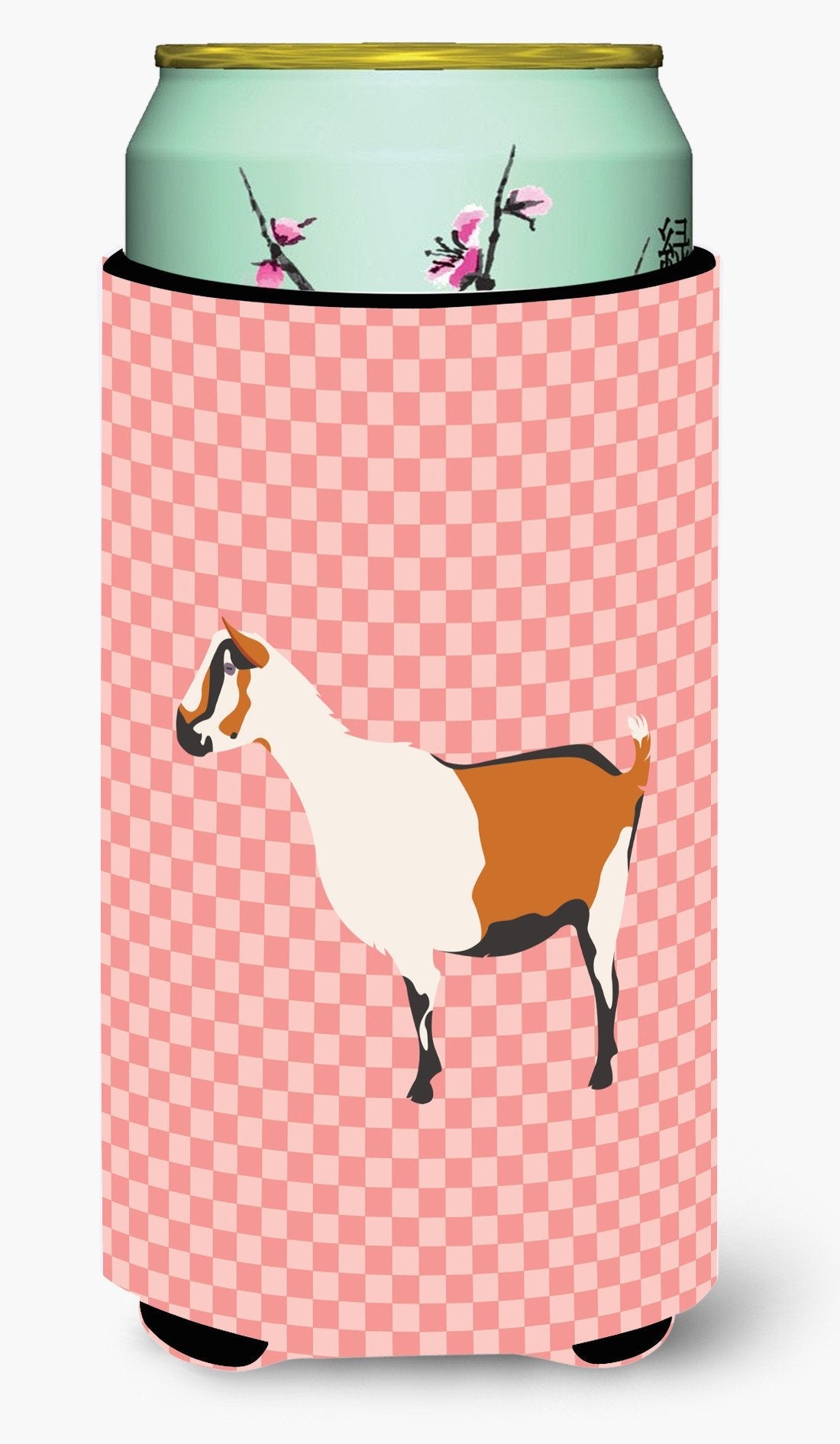 Alpine Goat Pink Check Tall Boy Hugger Can Cooler Sleeve Machine Washable Drink Collapsible Insulator Beverage Insulated Holder