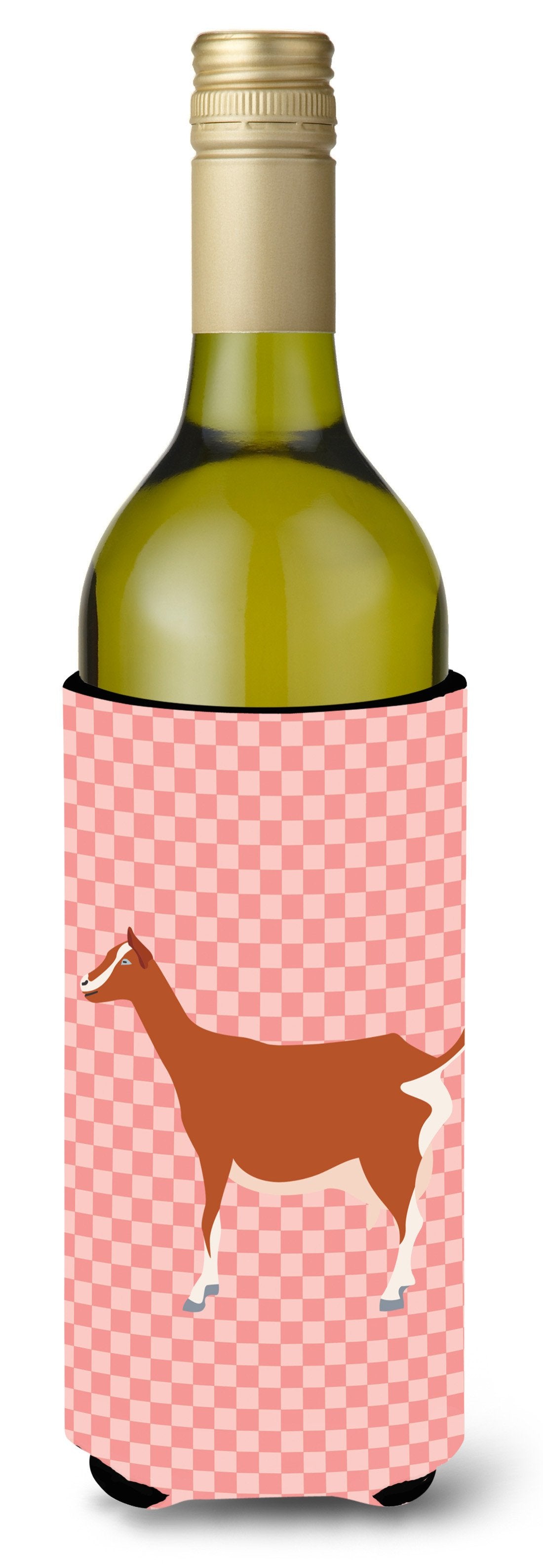 Toggenburger Goat Pink Check Wine Bottle Hugger Gift Sleeve for Standard 750 ml Bottles, Insulated Reusable Also Fits Mini Shot & Pint Bottles