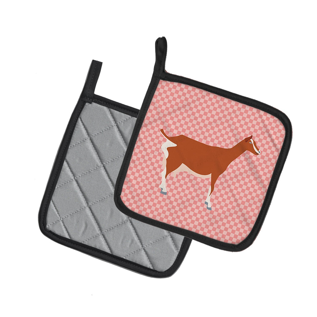 Toggenburger Goat Pink Check Pot Holder Set of 2 Heat Resistant Quilted Hot Pads 7.5 x 7.5 Inch, Insulated Kitchen Trivets for Cooking & Baking