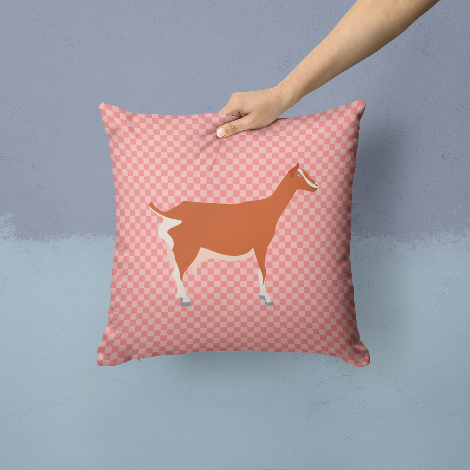 Toggenburger Goat Pink Check Decorative Throw Pillow 14x14 Indoor Outdoor Accent Cushion, Fabric Cover with Insert for Sofa, Bed, Porch & Living Room