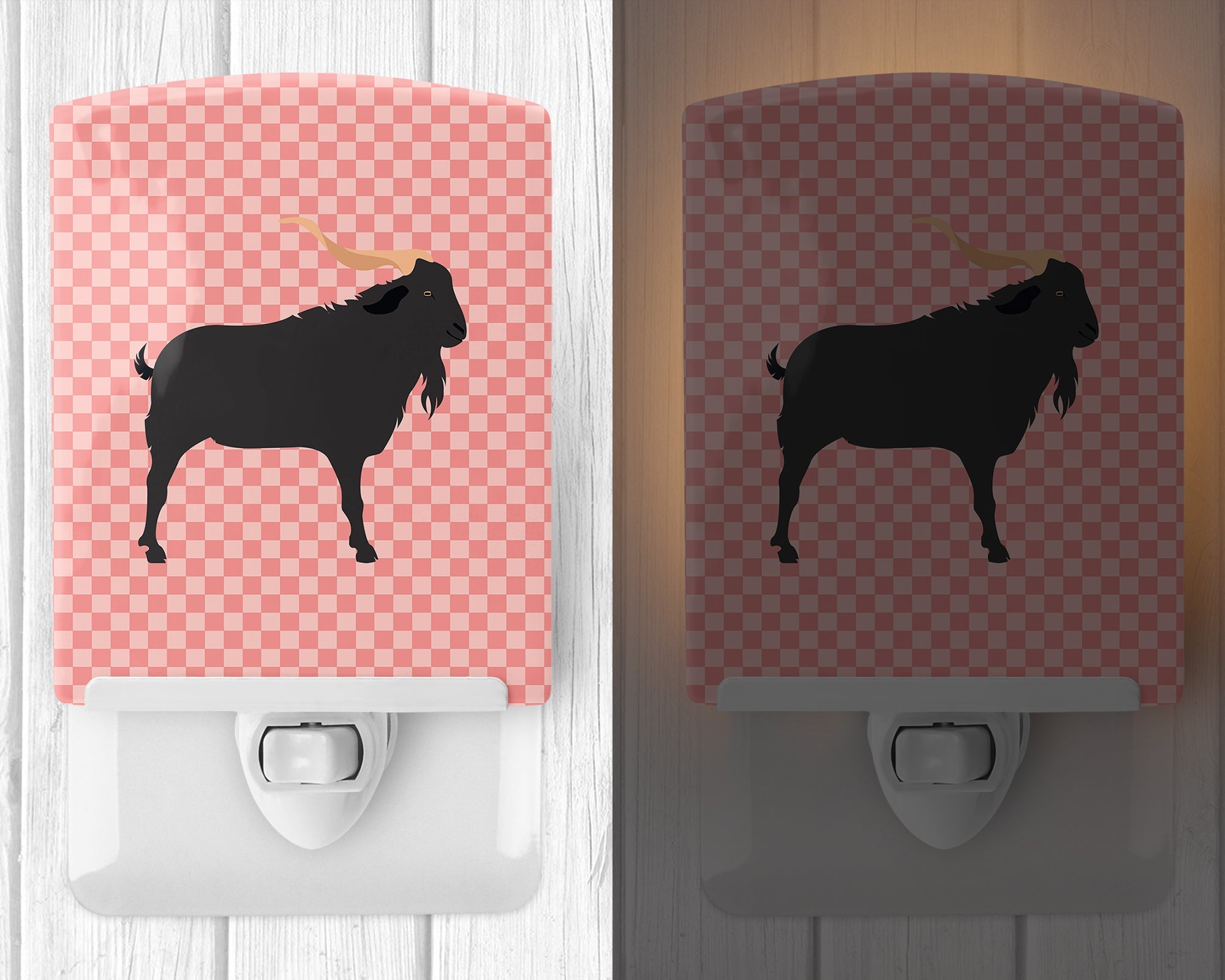 Verata Goat Pink Check Ceramic Night Light Compact, UL-Certified, Ideal for Bedroom, Bathroom, Nursery, Hallway, Kitchen, 6x4x3, Multicolor