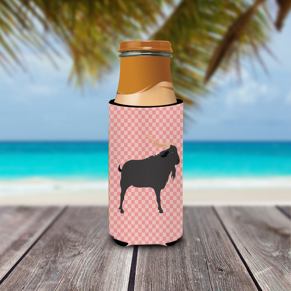 Verata Goat Pink Check Slim Can Hugger , Insulated Foam Hugger for 12 oz Slim Cans, Beer Bottles & Water Bottles, Printed in USA