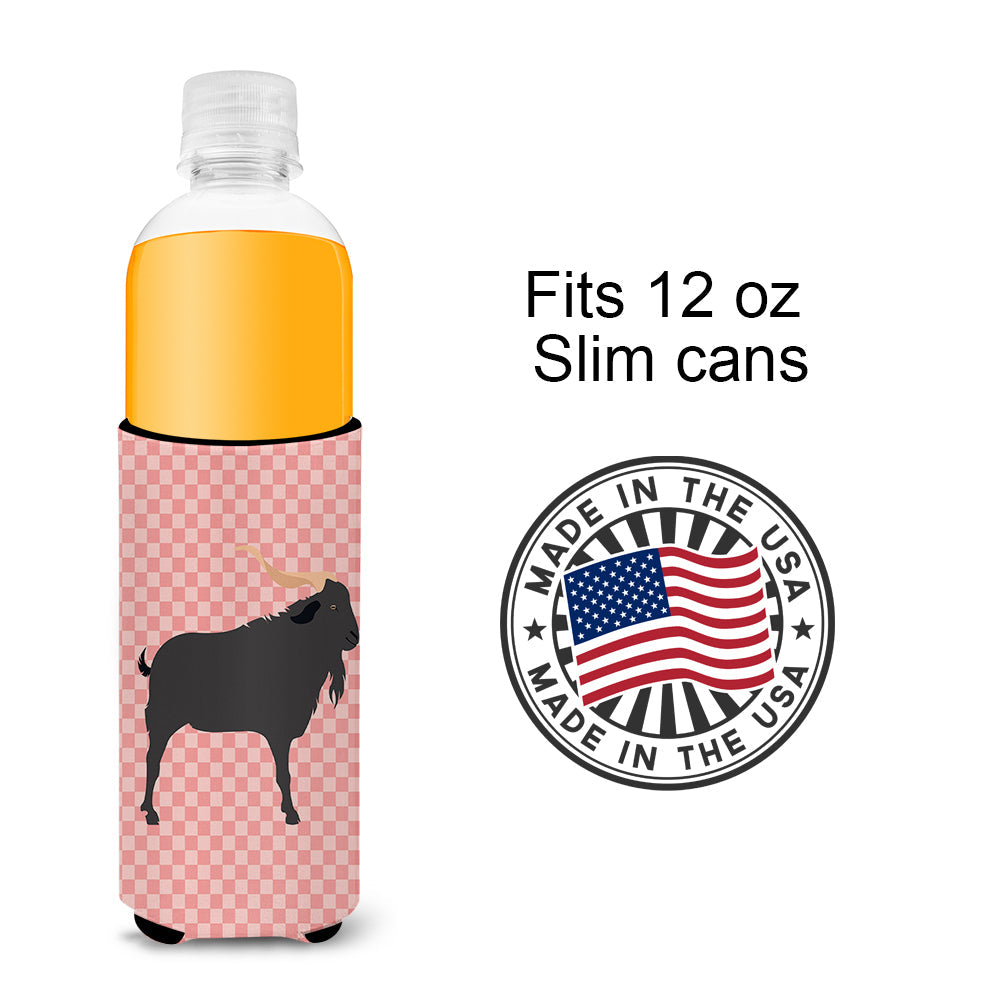 Verata Goat Pink Check Slim Can Hugger , Insulated Foam Hugger for 12 oz Slim Cans, Beer Bottles & Water Bottles, Printed in USA