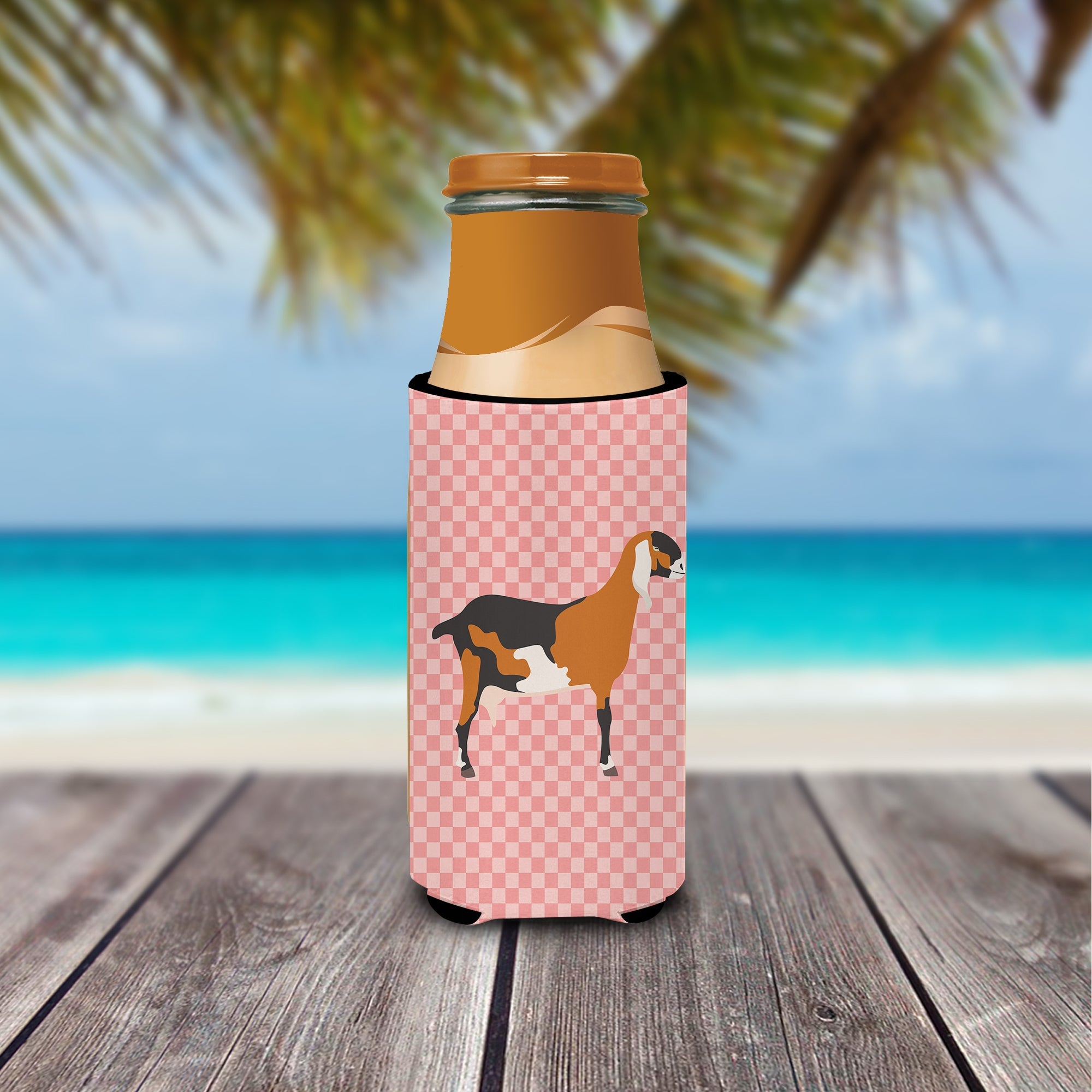 Anglo-nubian Nubian Goat Pink Check Slim Can Hugger , Insulated Foam Hugger for 12 oz Slim Cans, Beer Bottles & Water Bottles, Printed in USA