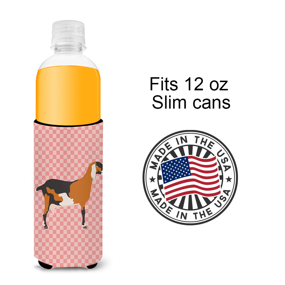 Anglo-nubian Nubian Goat Pink Check Slim Can Hugger , Insulated Foam Hugger for 12 oz Slim Cans, Beer Bottles & Water Bottles, Printed in USA