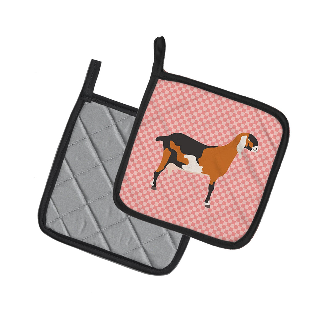 Anglo-nubian Nubian Goat Pink Check Pot Holder Set of 2 Heat Resistant Quilted Hot Pads 7.5 x 7.5 Inch, Insulated Kitchen Trivets for Cooking & Baking