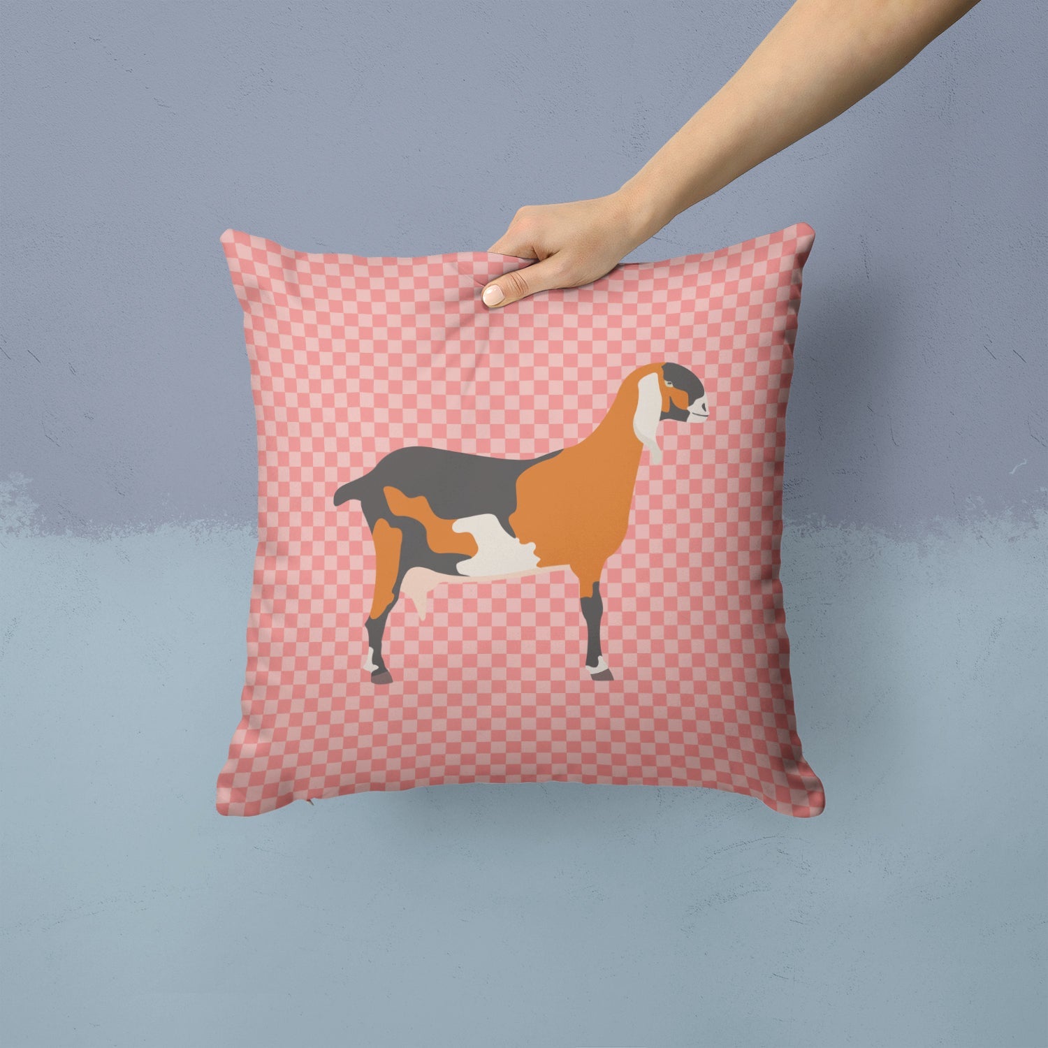Anglo-nubian Nubian Goat Pink Check Decorative Throw Pillow 14x14 Indoor Outdoor Accent Cushion, Fabric Cover with Insert for Sofa, Bed, Porch & Living Room