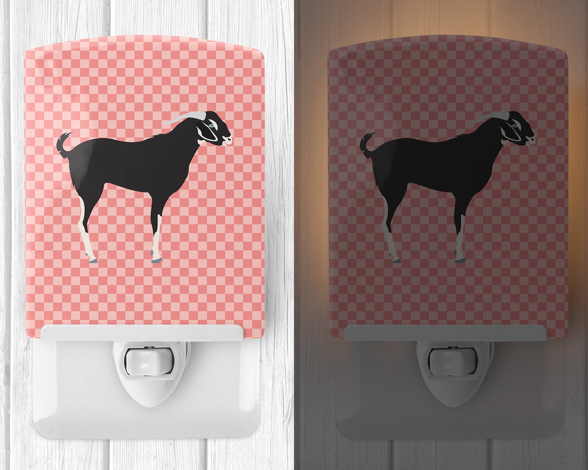 Black Bengal Goat Pink Check Ceramic Night Light Compact, UL-Certified, Ideal for Bedroom, Bathroom, Nursery, Hallway, Kitchen, 6x4x3, Multicolor