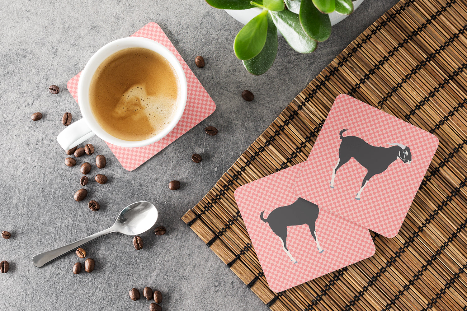 Black Bengal Goat Pink Check Foam Coasters Set of 4 Cup Coasters for Indoor Outdoor, Tabletop Protection, Anti Slip, Mouse pad Material