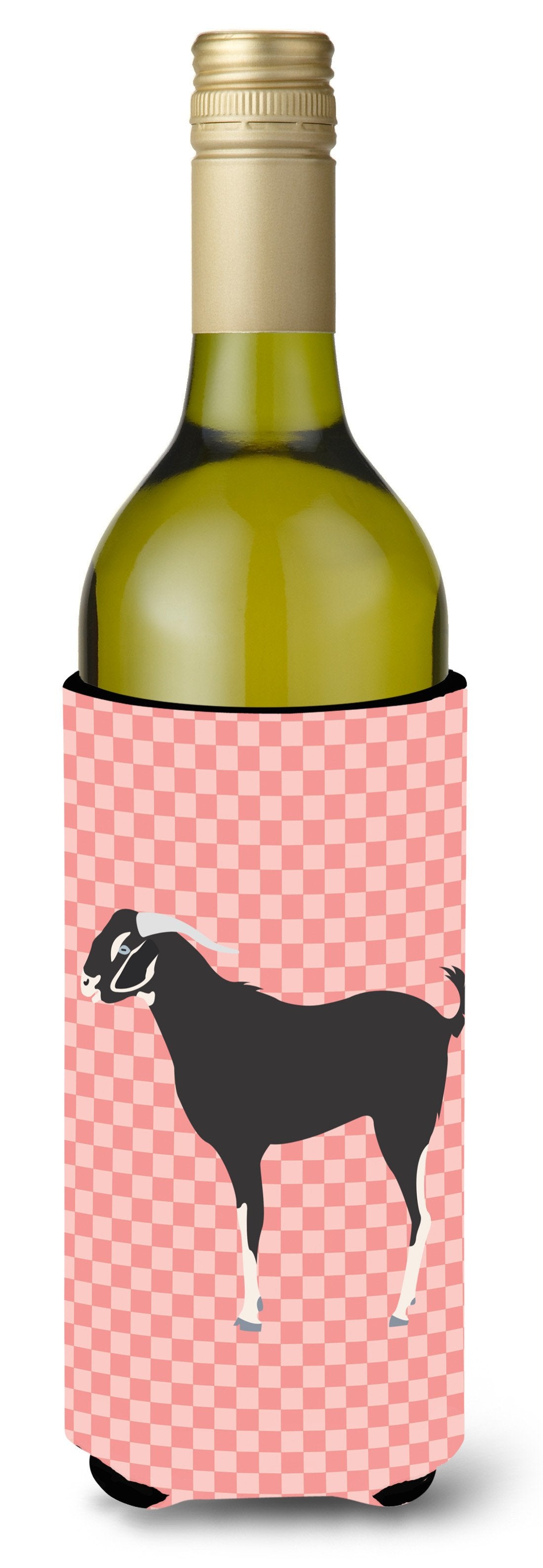 Black Bengal Goat Pink Check Wine Bottle Hugger Gift Sleeve for Standard 750 ml Bottles, Insulated Reusable Also Fits Mini Shot & Pint Bottles