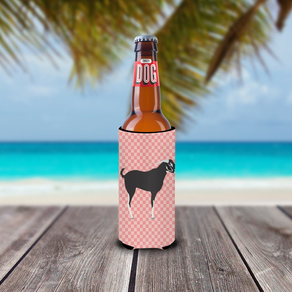 Black Bengal Goat Pink Check Slim Can Hugger , Insulated Foam Hugger for 12 oz Slim Cans, Beer Bottles & Water Bottles, Printed in USA