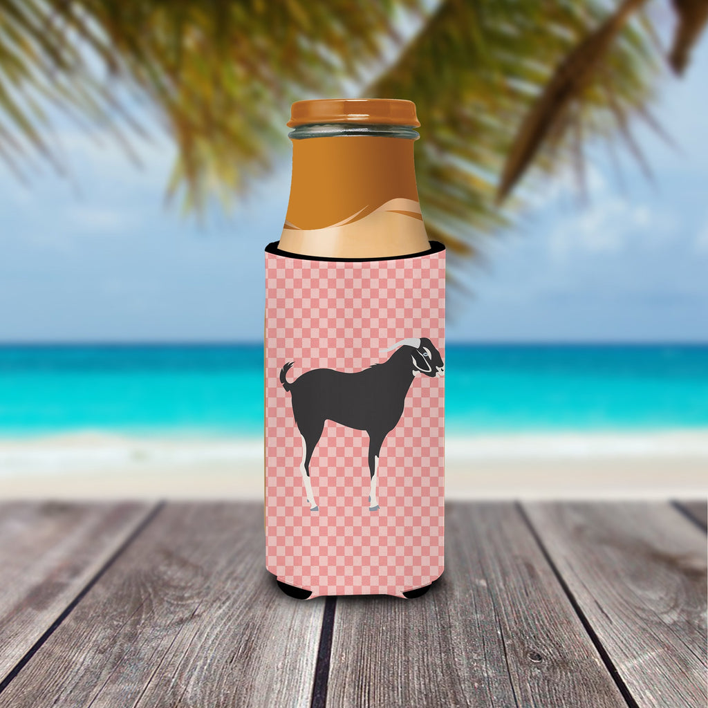 Black Bengal Goat Pink Check Slim Can Hugger , Insulated Foam Hugger for 12 oz Slim Cans, Beer Bottles & Water Bottles, Printed in USA