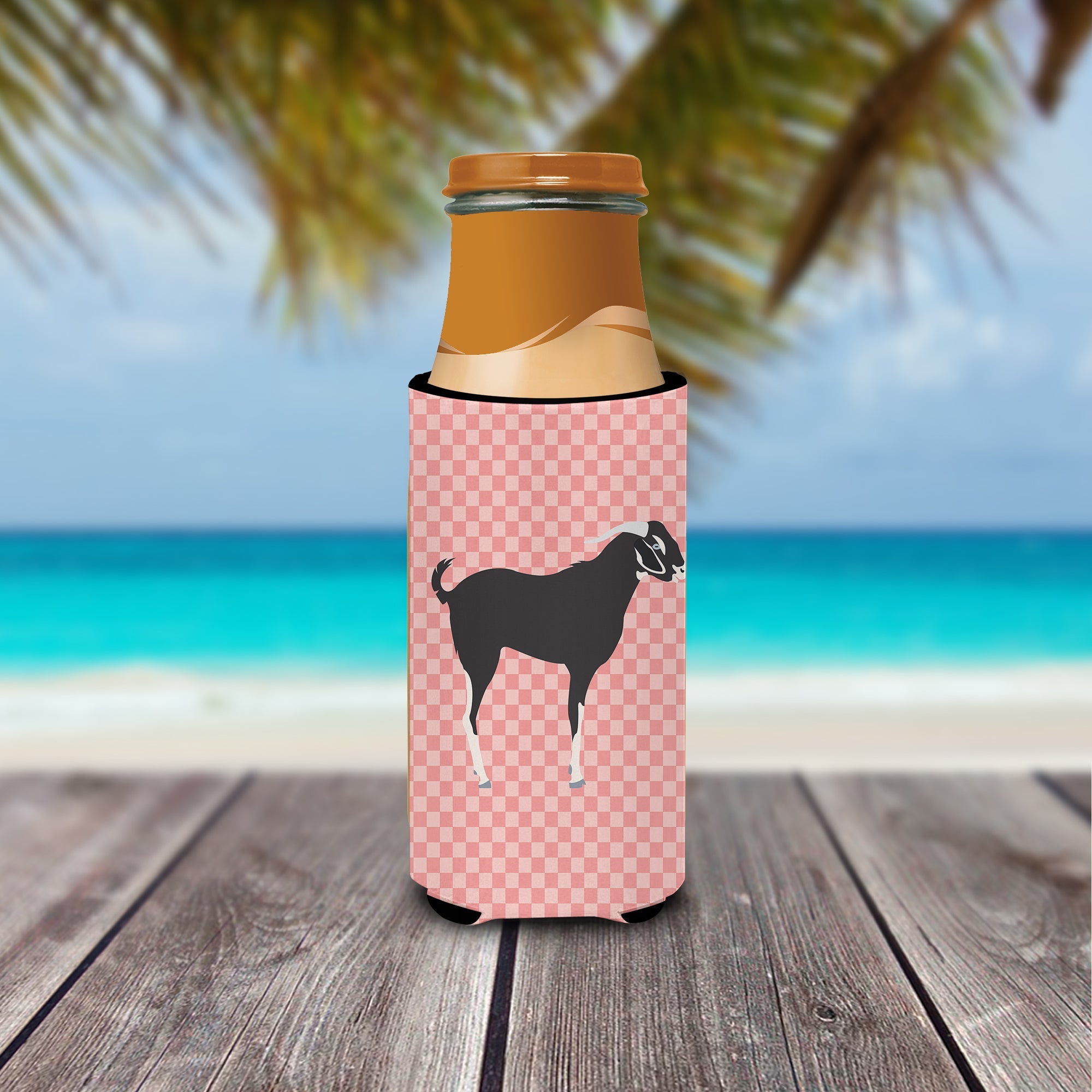 Black Bengal Goat Pink Check Slim Can Hugger , Insulated Foam Hugger for 12 oz Slim Cans, Beer Bottles & Water Bottles, Printed in USA