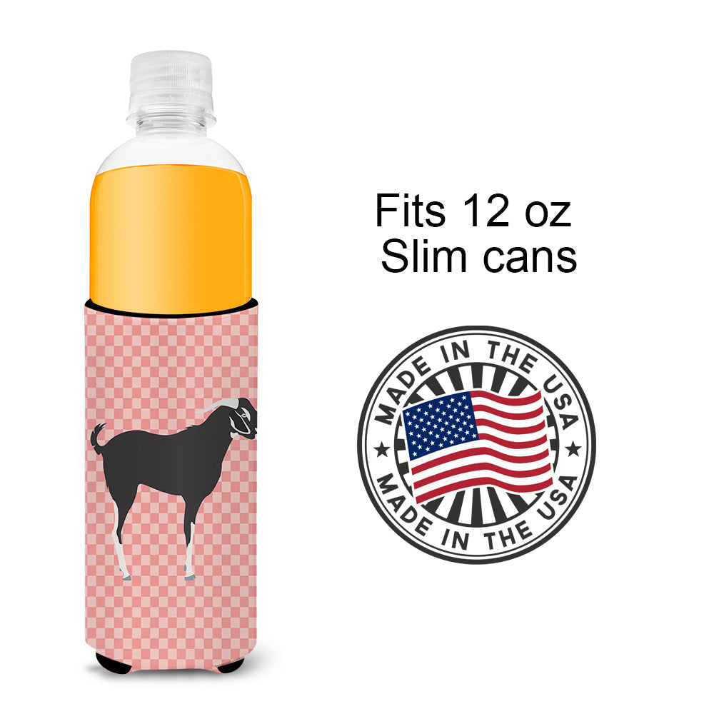 Black Bengal Goat Pink Check Slim Can Hugger , Insulated Foam Hugger for 12 oz Slim Cans, Beer Bottles & Water Bottles, Printed in USA