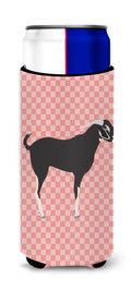 Black Bengal Goat Pink Check Slim Can Hugger , Insulated Foam Hugger for 12 oz Slim Cans, Beer Bottles & Water Bottles, Printed in USA